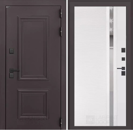 Входная дверь Полярис лайт 31 - Белый софт, зеркальная вставка с тонировкой | Металлическая отделка методом давления на полотне, 960х2050 мм (внешний 1130х2130 мм), 880х2050 мм (внешний 1050х2130 мм)