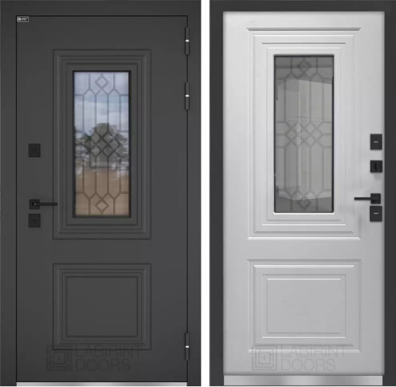 Входная дверь Верса с окном и решеткой (терморазрыв) | Металлическая отделка методом давления на полотне, 960х2050 мм (внешний 1130х2130 мм), 880х2050 мм (внешний 1050х2130 мм)