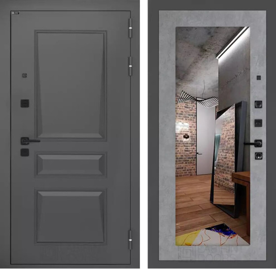 Входная дверь Орлеан с Зеркалом 18 - Бетон светлый | Металлическая отделка методом давления на полотне