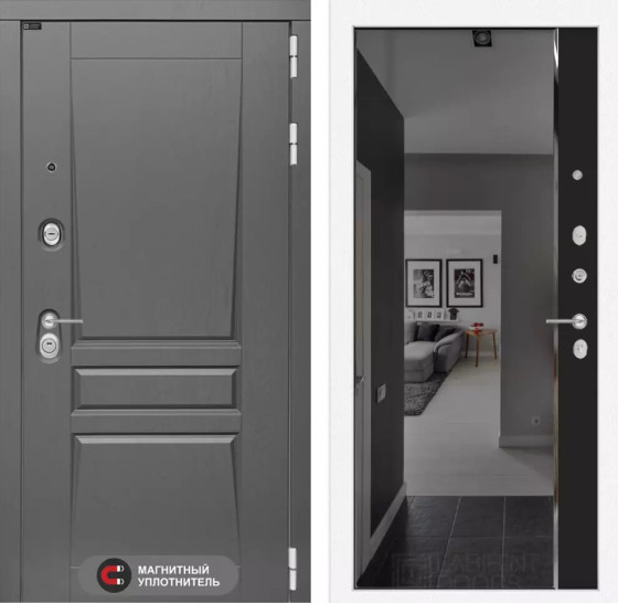 Входная дверь Платинум с зеркалом Панорама с тонировкой - Черный кварц | Декоративная MDF панель 16 мм с наличником, цвет 