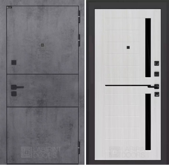 Входная дверь INFINITY 02 - Сандал белый, стекло черное | Современная MDF панель 10 мм с наличником, цвет 