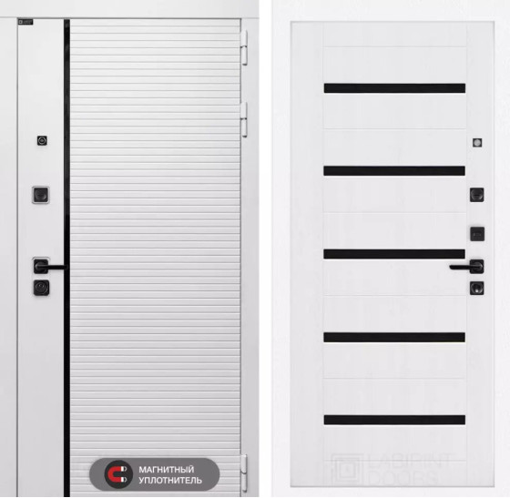 Входная дверь ROYAL 01 - Белое дерево, стекло черное | Современная MDF панель 10 мм с наличником, цвет 