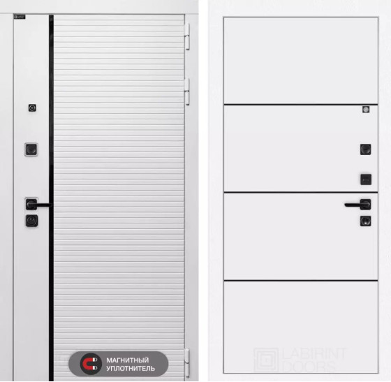 Входная дверь ROYAL 25 - Белый софт, черный молдинг | Современная MDF панель 10 мм с наличником, цвет 