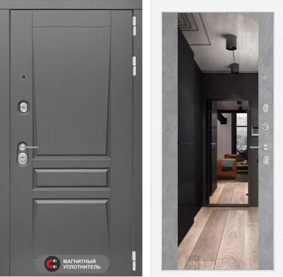 Входная дверь Платинум с Зеркалом Максимум - Бетон светлый | Декоративная MDF панель 16 мм с наличником, цвет 