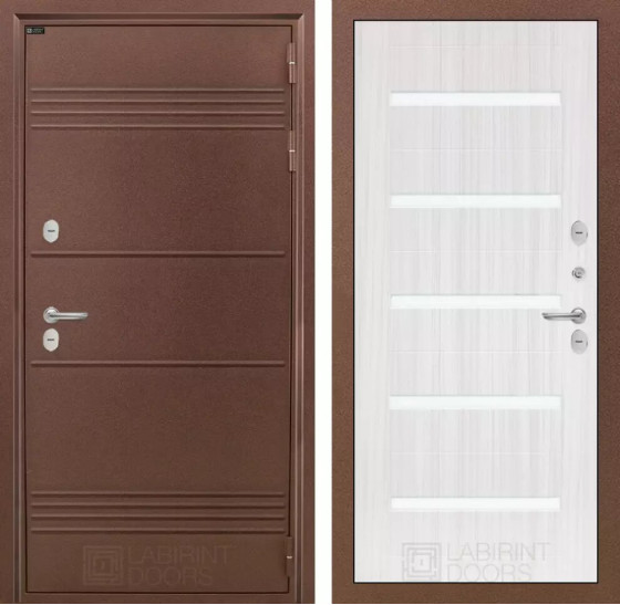 Входная дверь Термо Лайт 01 - Сандал белый, стекло белое | Металлическая отделка с давлением и фигурным наличником