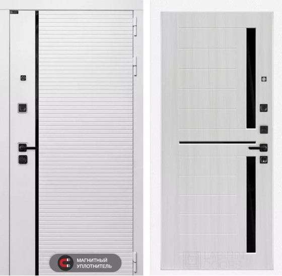 Входная дверь ROYAL 02 - Сандал белый, стекло черное | Современная MDF панель 10 мм с наличником, цвет 