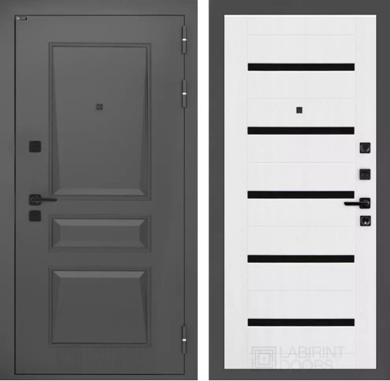 Входная дверь Орлеан 01 - Белое дерево, стекло черное | Металлическая отделка методом давления на полотне