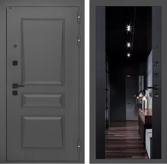 Входная дверь Орлеан с Зеркалом тонированным Максимум - Черный кварц | Металлическая отделка методом давления на полотне