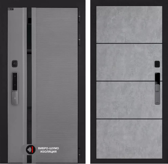 Входная дверь Пиано Смарт 2.0 панель 25 - Бетон светлый, черный молдинг | Фрезерованная МДФ панель 10 мм, цвет 
