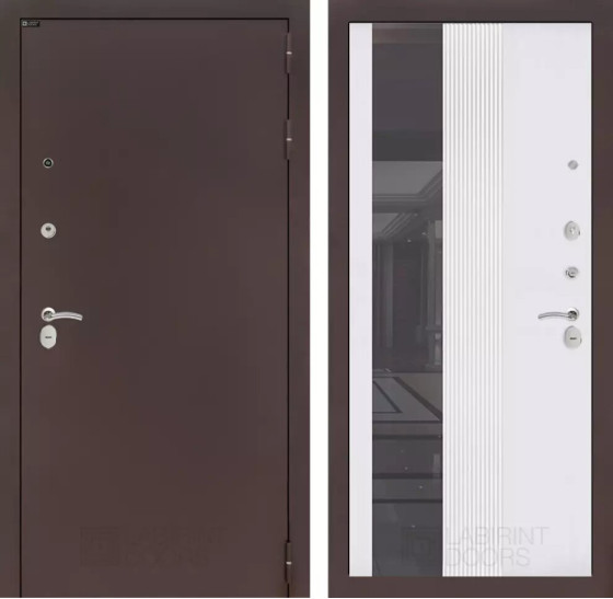 Входная дверь CLASSIC антик медный с Зеркалом 32 тонированным - Белый рельеф софт | Металл с практичным покрытием 