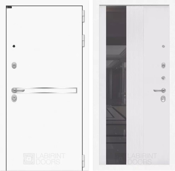 Входная дверь Лайн WHITE с Зеркалом 32 тонированным - Белый рельеф софт | Металл с покрытием 