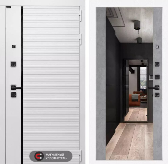 Входная дверь ROYAL с Зеркалом Максимум - Бетон светлый | Современная MDF панель 10 мм с наличником, цвет 