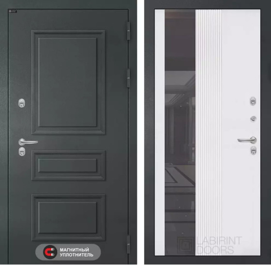 Входная дверь Атлантик с Зеркалом 32 тонированным - Белый рельеф софт | Металлическая отделка 3D филенка