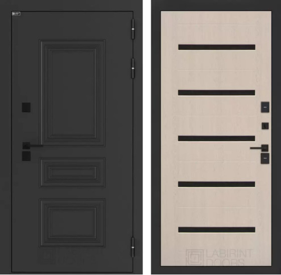 Входная дверь Аляска Лайт 01 - Беленый дуб, стекло черное | Металлическая отделка методом давления на полотне