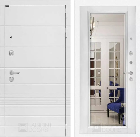 Входная дверь Трендо с зеркалом Фацет - Белый софт | Декоративная MDF панель 10 мм с фрезерованным наличником, цвет 