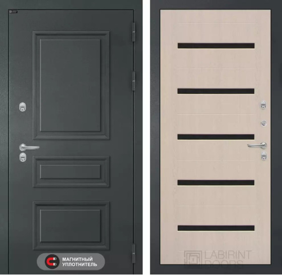 Входная дверь Атлантик 01 - Беленый дуб, стекло черное | Металлическая отделка 3D филенка