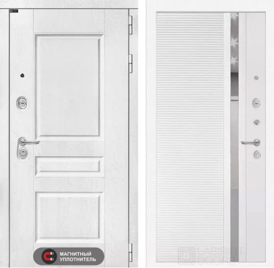 Входная дверь VERSAL 31 - Белый софт, зеркальная вставка с тонировкой | Классическая MDF панель 16 мм с наличником, цвет 