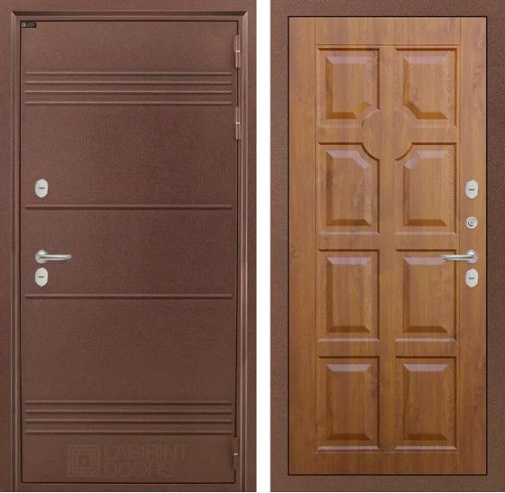 Входная дверь Термо Лайт 17 - Золотой дуб | Металлическая отделка с давлением и фигурным наличником