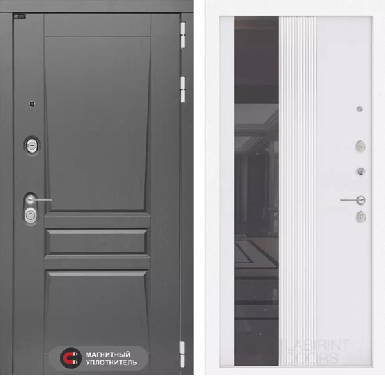 Входная дверь Платинум с Зеркалом 32 тонированным - Белый рельеф софт | Декоративная MDF панель 16 мм с наличником, цвет 