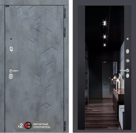 Входная дверь Бетон с тонированным зеркалом Максимум - Черный кварц | Современная декоративная MDF панель 10 мм с наличником, цвет 