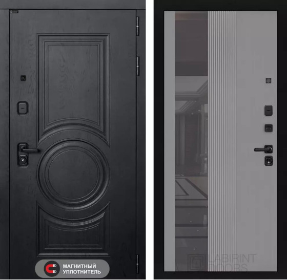 Входная дверь GRAND с Зеркалом 32 тонированным - Серый рельеф софт | Стильная декоративная MDF панель 16 мм с наличником, цвет 