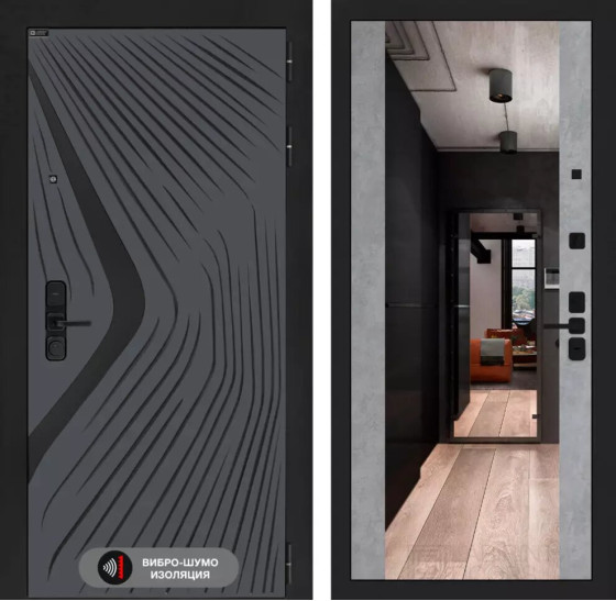 Входная дверь LEOLAB с Зеркалом Максимум - Бетон светлый | Фрезерованная МДФ панель 10 мм, цвет 