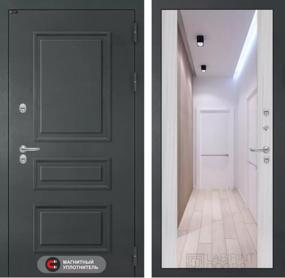 Входная дверь Атлантик с зеркалом Максимум - Сандал белый | Металлическая отделка 3D филенка