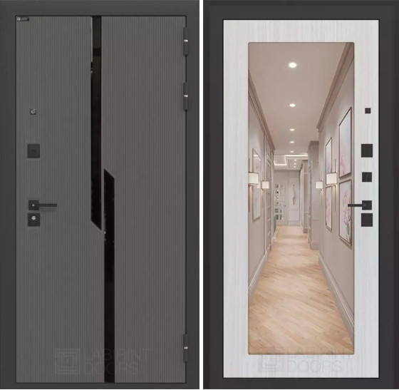 Входная дверь CARBON с Зеркалом 18 - Сандал белый | Декоративная MDF панель 10 мм с черным стеклом фацет, цвет 