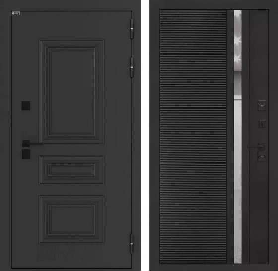 Входная дверь Аляска Лайт 31 - Черный кварц, зеркальная вставка с тонировкой | Металлическая отделка методом давления на полотне