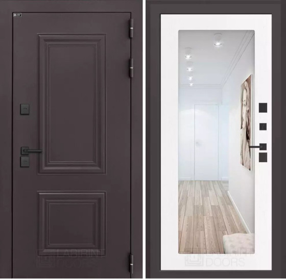 Входная дверь Полярис лайт с зеркалом 18 - Белое дерево | Металлическая отделка методом давления на полотне, 960х2050 мм (внешний 1130х2130 мм), 880х2050 мм (внешний 1050х2130 мм)