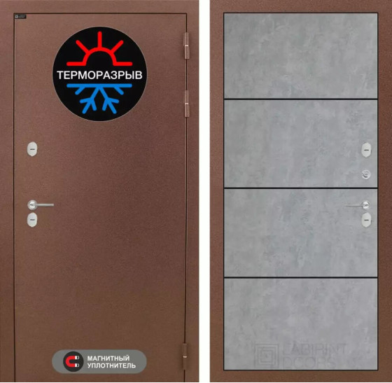 Входная дверь Термо Магнит 25 - Бетон светлый, черный молдинг | Металл с 2-х слойным покрытием. 1 слой - цинкосодержащий грунт, 2 слой - покраска 