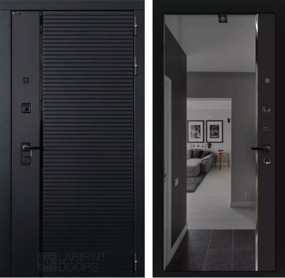 Входная дверь PIANO с зеркалом Панорама с тонировкой - Черный кварц | Декоративная MDF панель 10 мм с наличниками, цвет 