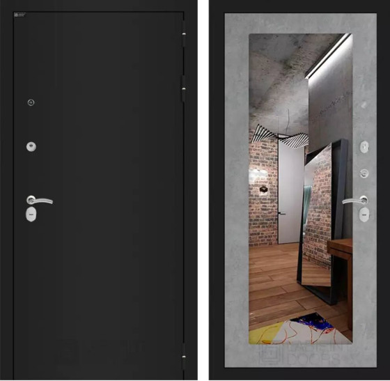 Входная дверь CLASSIC шагрень черная с Зеркалом 18 - Бетон светлый | Металл с практичным покрытием 