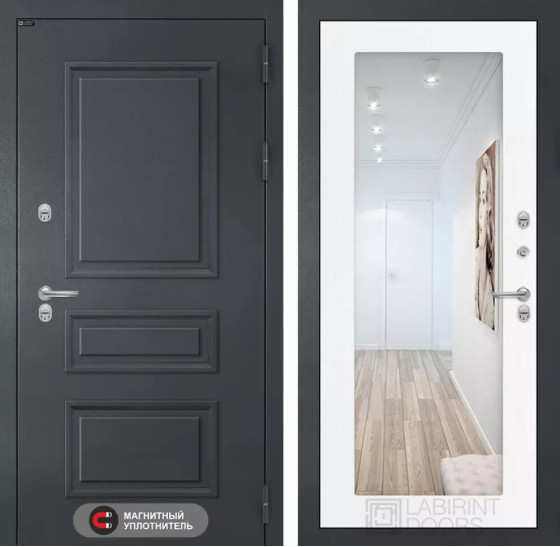 Входная дверь Атлантик с Зеркалом 18 - Белое дерево | Металлическая отделка 3D филенка