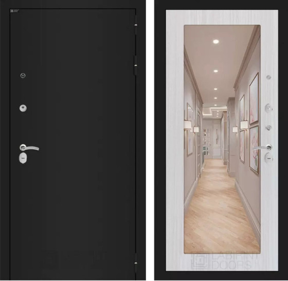 Входная дверь CLASSIC шагрень черная с Зеркалом 18 - Сандал белый | Металл с практичным покрытием 