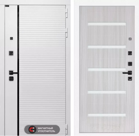 Входная дверь ROYAL 01 - Сандал белый, стекло белое | Современная MDF панель 10 мм с наличником, цвет 