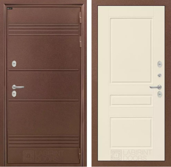 Входная дверь Термо Лайт 03 - Крем софт | Металлическая отделка с давлением и фигурным наличником