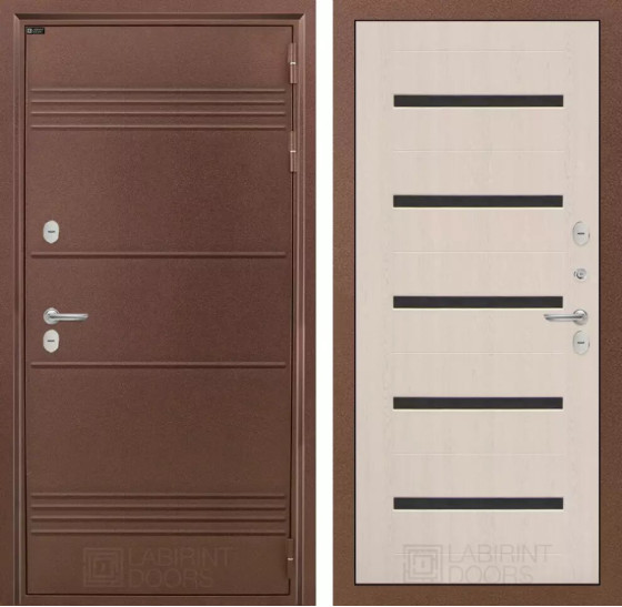 Входная дверь Термо Лайт 01 - Беленый дуб, стекло черное | Металлическая отделка с давлением и фигурным наличником