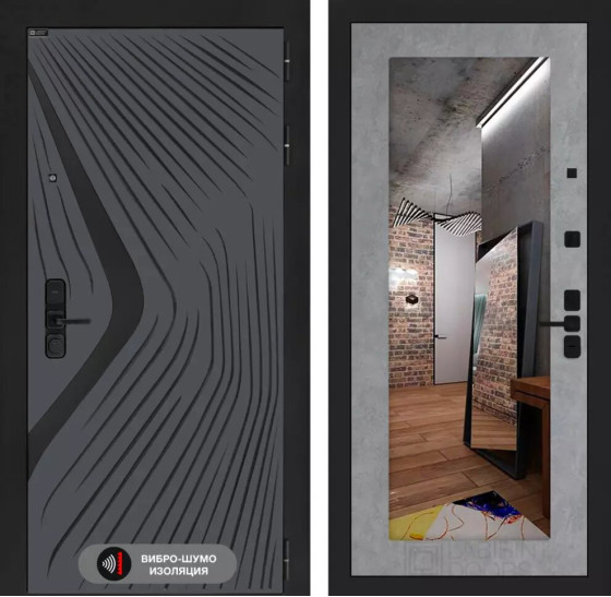 Входная дверь LEOLAB с зеркалом 18 - Бетон светлый | Фрезерованная МДФ панель 10 мм, цвет 