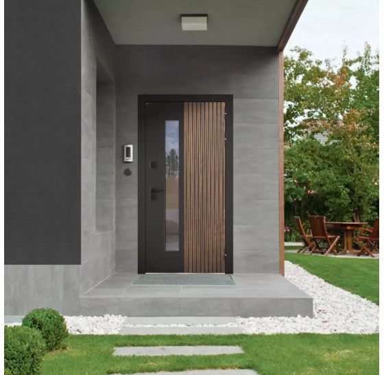 Входная дверь Скандия для улицы со стеклом | Влагостойкая MDF панель 12 мм комбинированная в цвете "Magic Black silk" и "Орех грецкий" с патиной