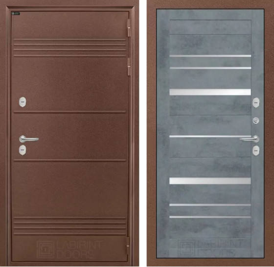 Входная дверь Термо Лайт 20 - Бетон темный, зеркальные вставки | Металлическая отделка с давлением и фигурным наличником