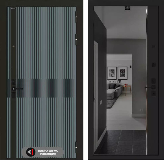 Входная дверь ISSIDA с зеркалом Панорама с тонировкой - Черный кварц | Фрезерованная МДФ панель 10 мм, цвет 