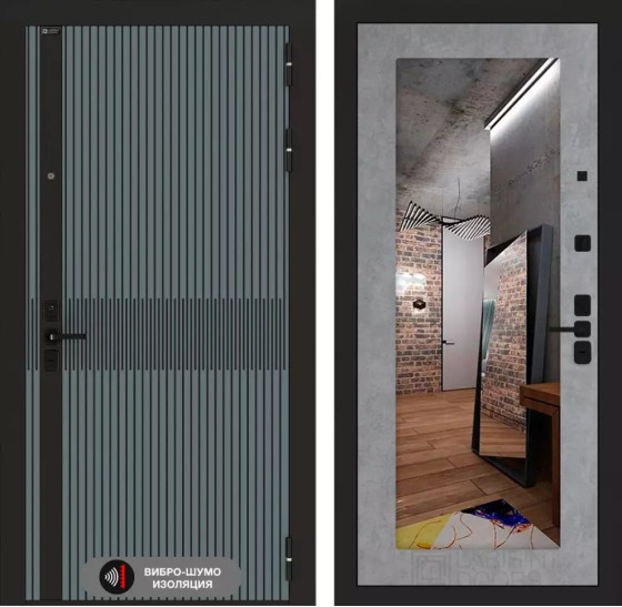 Входная дверь ISSIDA с зеркалом 18 - Бетон светлый | Фрезерованная МДФ панель 10 мм, цвет 