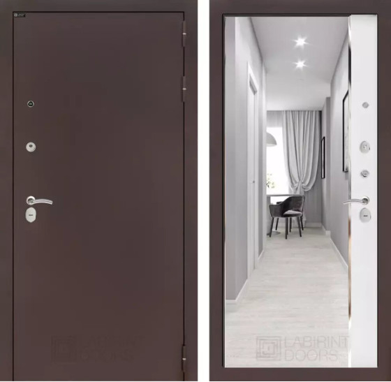 Входная дверь CLASSIC антик медный с зеркалом Панорама - Белый софт | Металл с практичным покрытием 