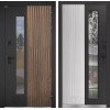 Входная дверь Скандия для улицы со стеклом | Влагостойкая MDF панель 12 мм комбинированная в цвете "Magic Black silk" и "Орех грецкий" с патиной
