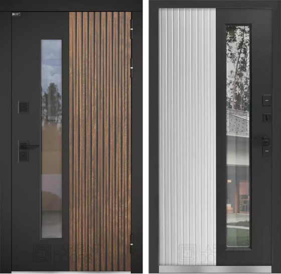 Входная дверь Скандия для улицы со стеклом | Влагостойкая MDF панель 12 мм комбинированная в цвете "Magic Black silk" и "Орех грецкий" с патиной