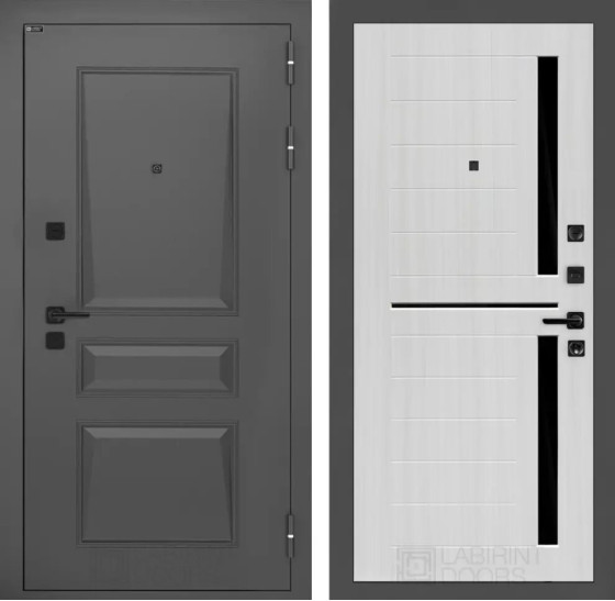 Входная дверь Орлеан 02 - Сандал белый, стекло черное | Металлическая отделка методом давления на полотне