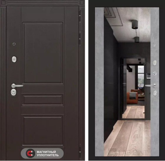 Входная дверь Мегаполис с зеркалом Максимум - Бетон светлый | Декоративная MDF панель 10 мм с фрезерованным наличником, цвет 