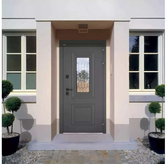 Входная дверь Верса с окном и решеткой (терморазрыв) | Металлическая отделка методом давления на полотне, 960х2050 мм (внешний 1130х2130 мм), 880х2050 мм (внешний 1050х2130 мм)