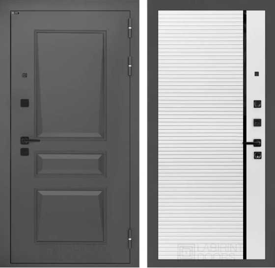 Входная дверь Орлеан 22 - Белый софт, черная вставка | Металлическая отделка методом давления на полотне